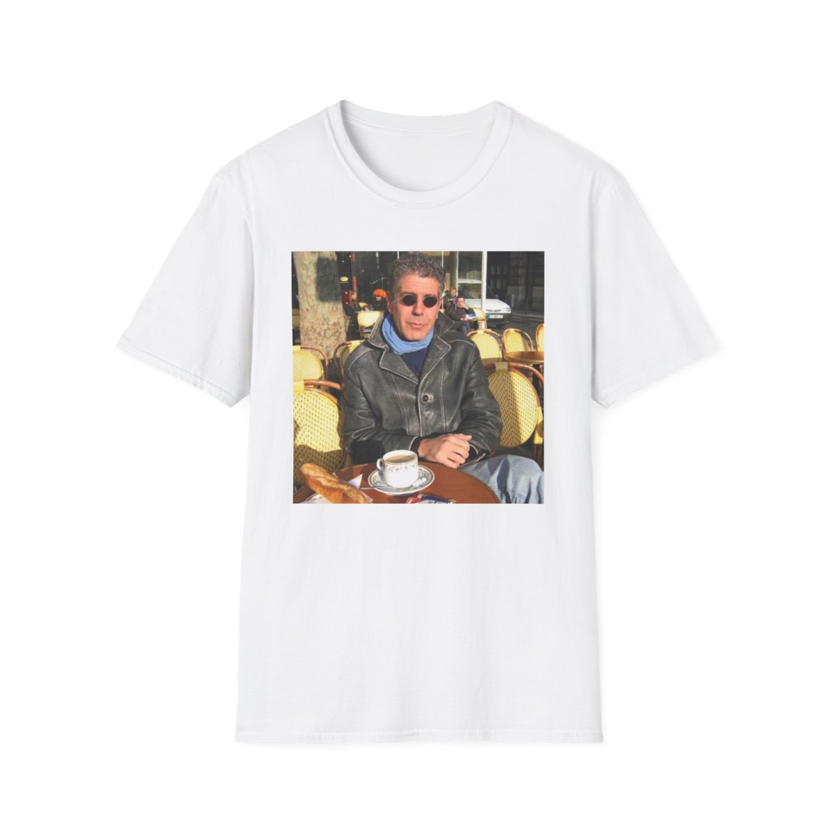 Man in Leather Jacket Cafe Photo T-Shirt | Retro Coffee Shop Portrait | Anthony Bourdain Merch — official Anthony Bourdain T-Shirts
