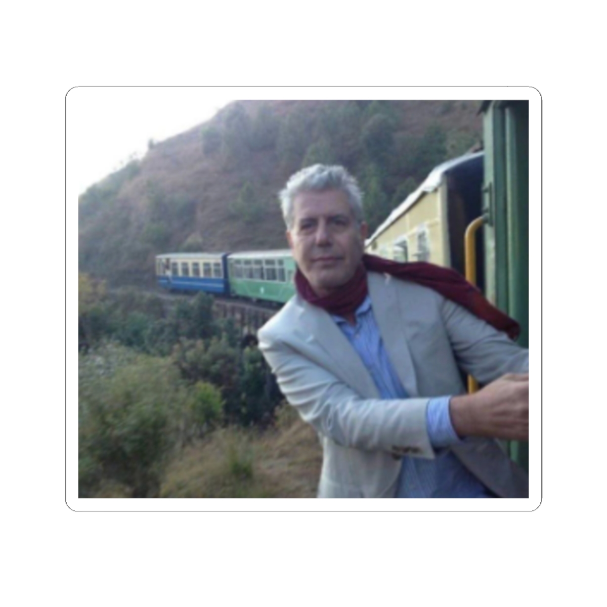 Man Leaning From Train Window Sticker | Kiss-Cut Sticker | Anthony Bourdain Merch - alternate angle 3, merchandise
