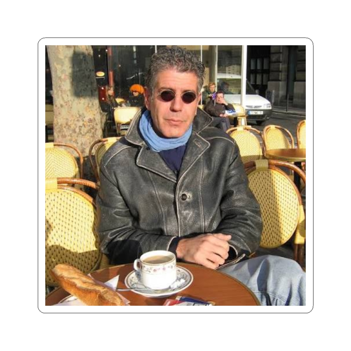 Man at Cafe photo Sticker | Kiss-Cut Sticker | Anthony Bourdain Merch - alternate angle 1, merchandise