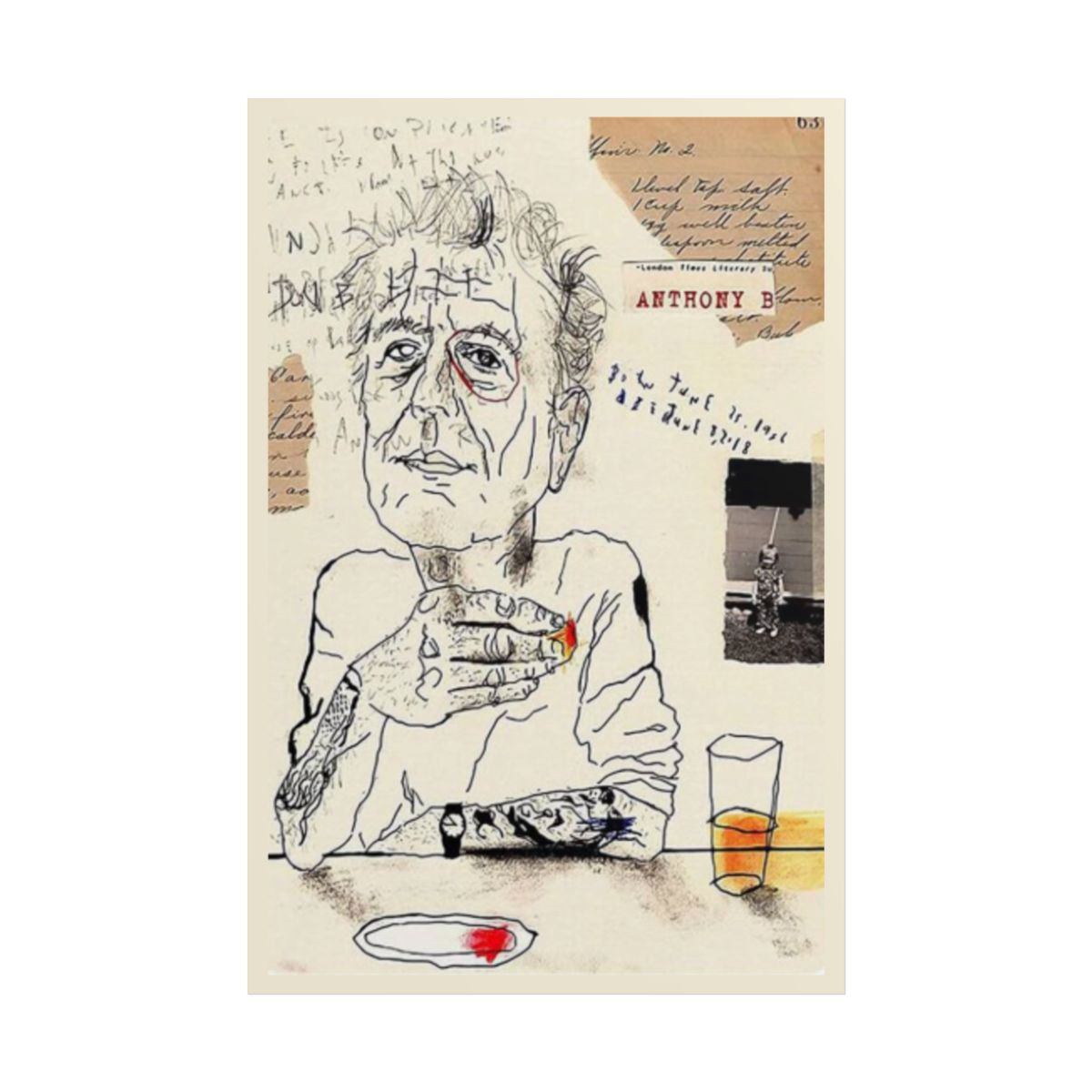 Melancholic Sketch Portrait Rolled Poster | Mixed Media Collage Art | Anthony Bourdain Merch - alternate angle 2, merchandise